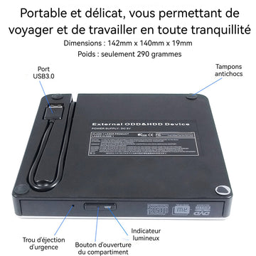 Lecteur DVD USB3.0 externe universel pour ordinateurs de bureau/portables/MAC peut lire les disques Blu-ray 3D les CD/DVD/VCD etc